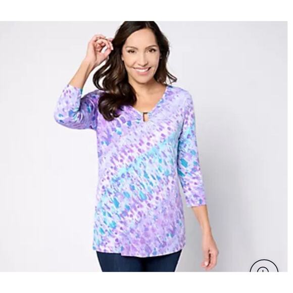 Susan Graver Size XLP Petite Printed Liquid Knit 3/4 Sleeve Tunic w/Keyhole - Picture 2 of 7